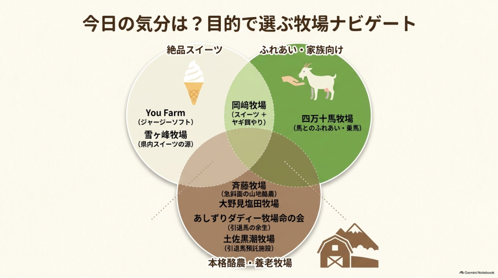 絶品スイーツ、ふれあい・家族向け、本格酪農・養老牧場など、目的に合わせた高知の牧場分類図