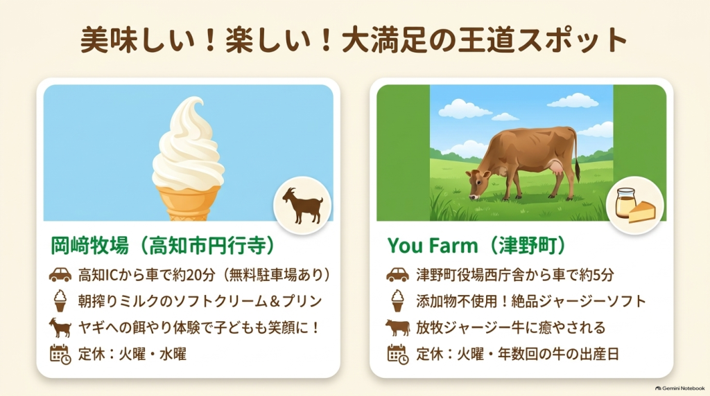 高知市の岡﨑牧場と津野町のYou Farmを紹介するイラスト画像。朝搾りミルクやジャージーソフトの情報