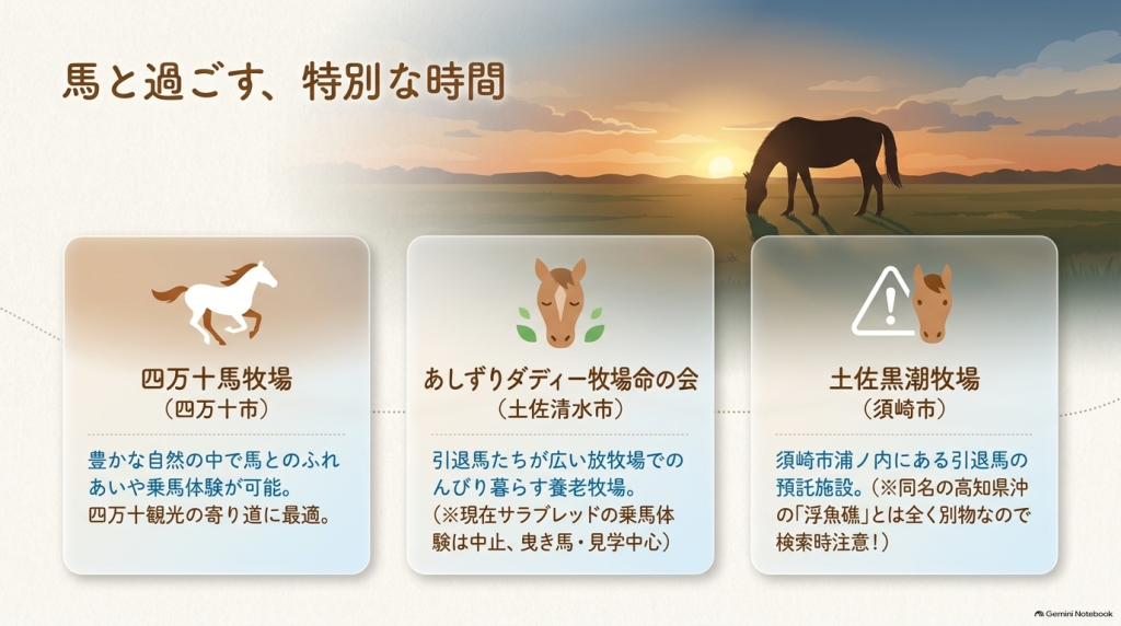四万十馬牧場、あしずりダディー牧場命の会、土佐黒潮牧場など、馬とふれあえる・引退馬を飼育するスポットの案内