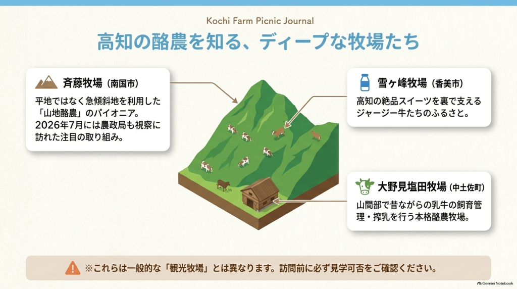 山地酪農を行う斉藤牧場や雪ヶ峰牧場、大野見塩田牧場のイラストと、急傾斜地での放牧の解説図