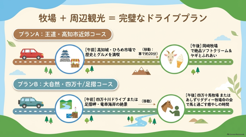 高知市近郊を巡る王道コース（プランA）と、四万十・足摺エリアを巡る大自然コース（プランB）のモデルプラン
