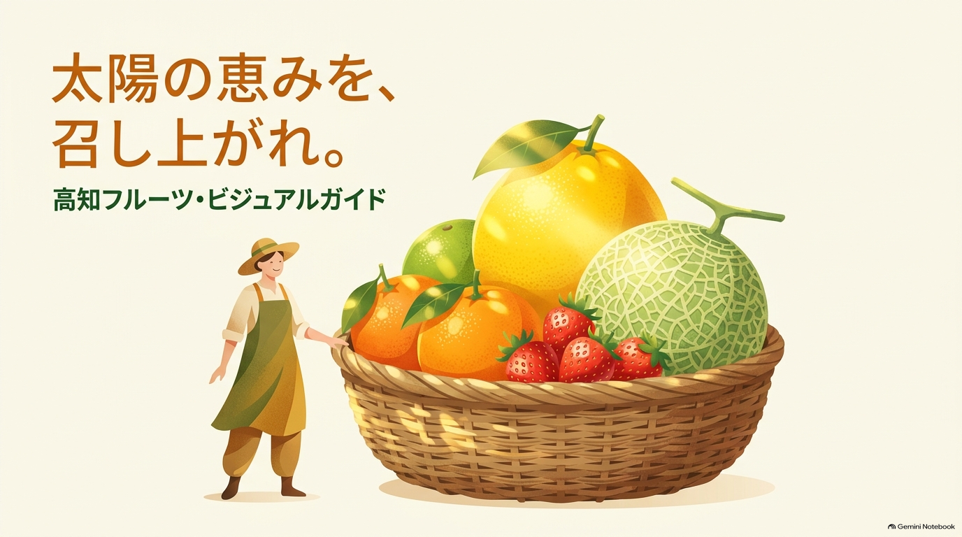 カゴいっぱいに盛られたみずみずしい果物と女性農家が描かれた、高知フルーツ・ビジュアルガイドの表紙イラスト