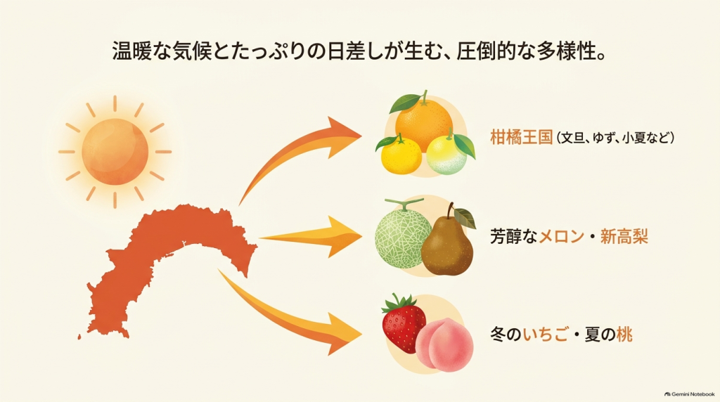 高知の温暖な気候と日照条件が生み出す、柑橘類やメロン、新高梨、いちごなどの多彩な果物を紹介するイラストマップ
