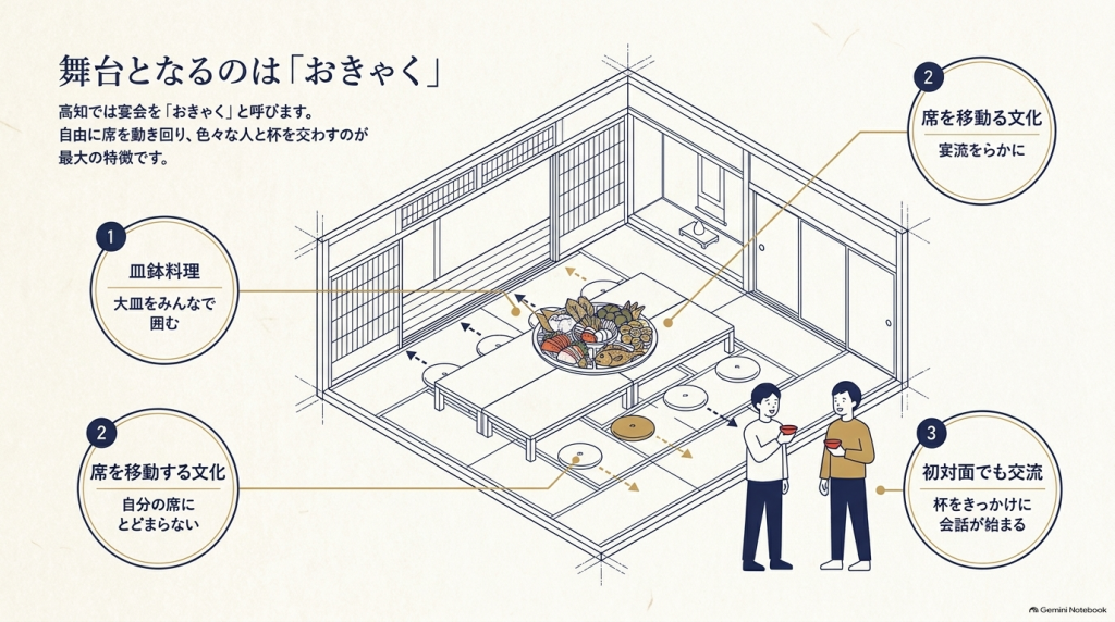 中央に皿鉢料理を囲み、参加者が席を自由に移動して初対面でも会話を楽しむ高知の宴会「おきゃく」の様子を描いた全体イラスト。