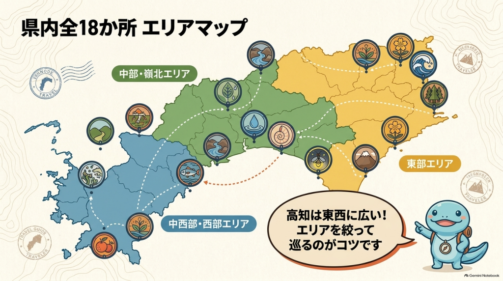高知県内全18か所のポケふた設置エリア(中部・嶺北、東部、中西部・西部)マップ