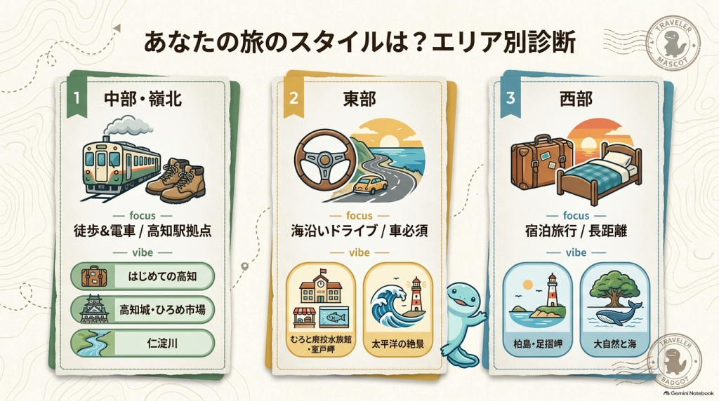 移動手段や滞在スタイルに応じた高知ポケふた巡りのエリア別診断チャート