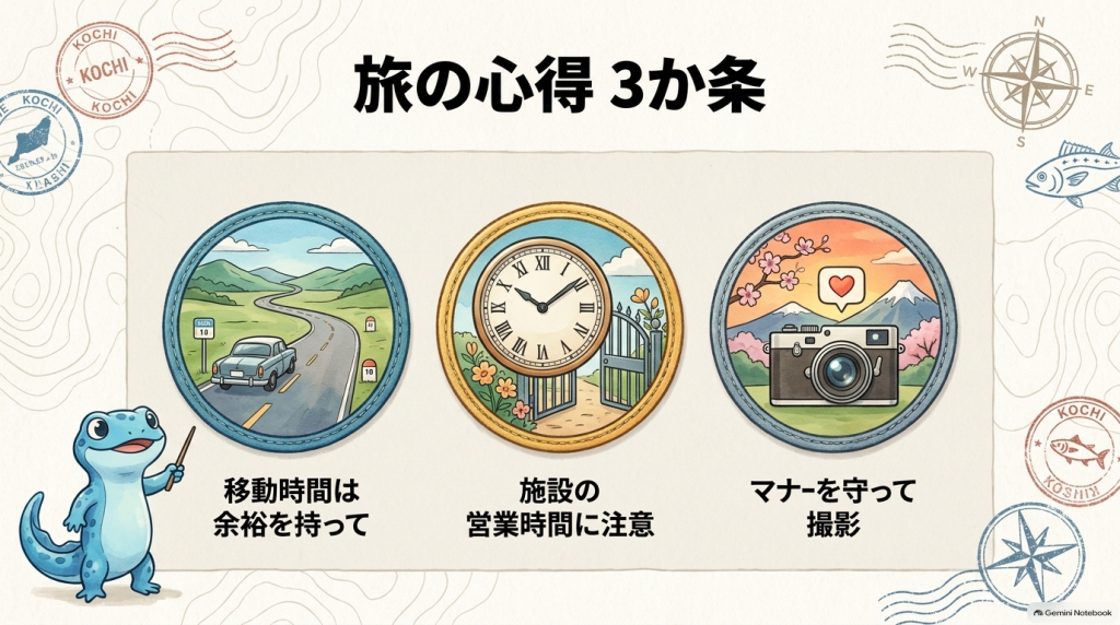 ポケふた巡りの心得3か条(移動時間・施設営業時間・見学マナー)のイラスト