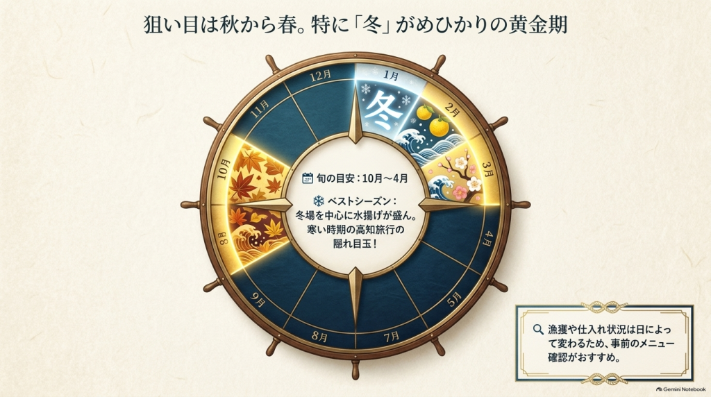 10月から4月までの旬の目安と、冬場がベストシーズンであることを示すカレンダー風の解説図。