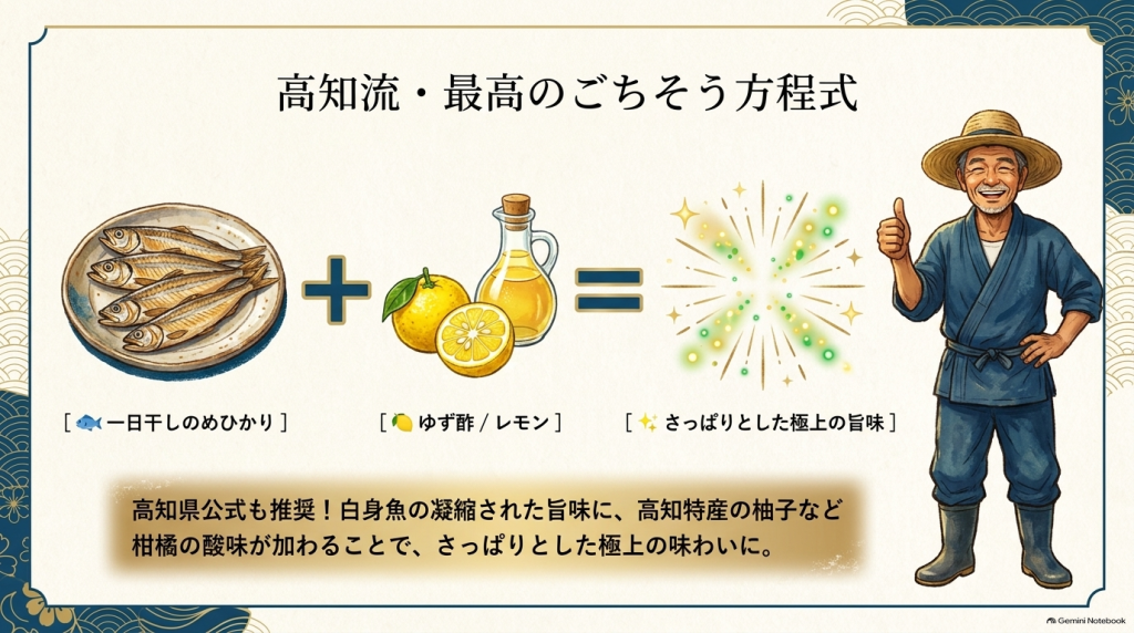 一日干しのめひかりにゆず酢やレモンを合わせる、高知県公式も推奨のさっぱりとした味わいの解説。