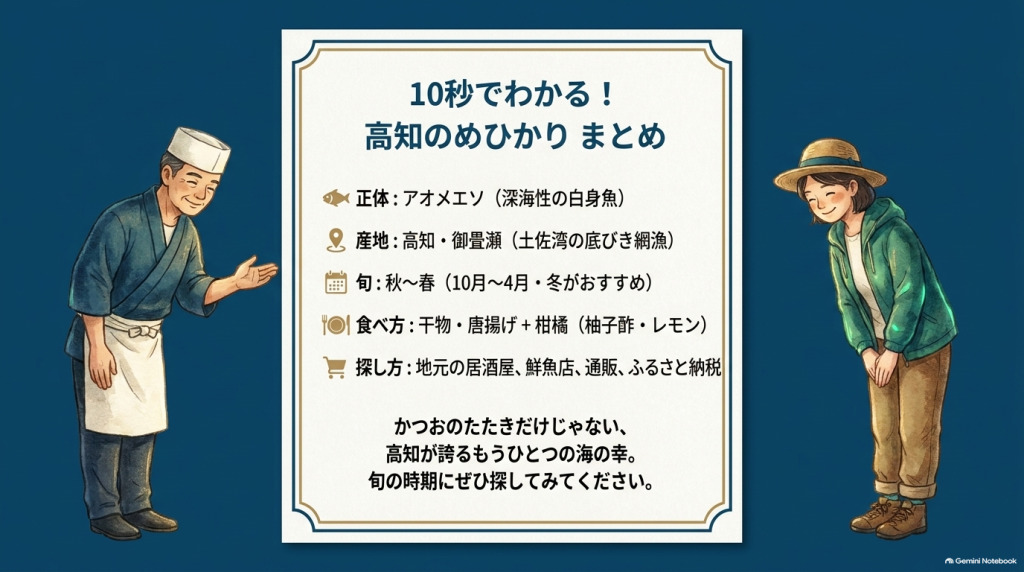 正体、産地、旬、食べ方、探し方が10秒でわかる高知のめひかりの総まとめスライド。
