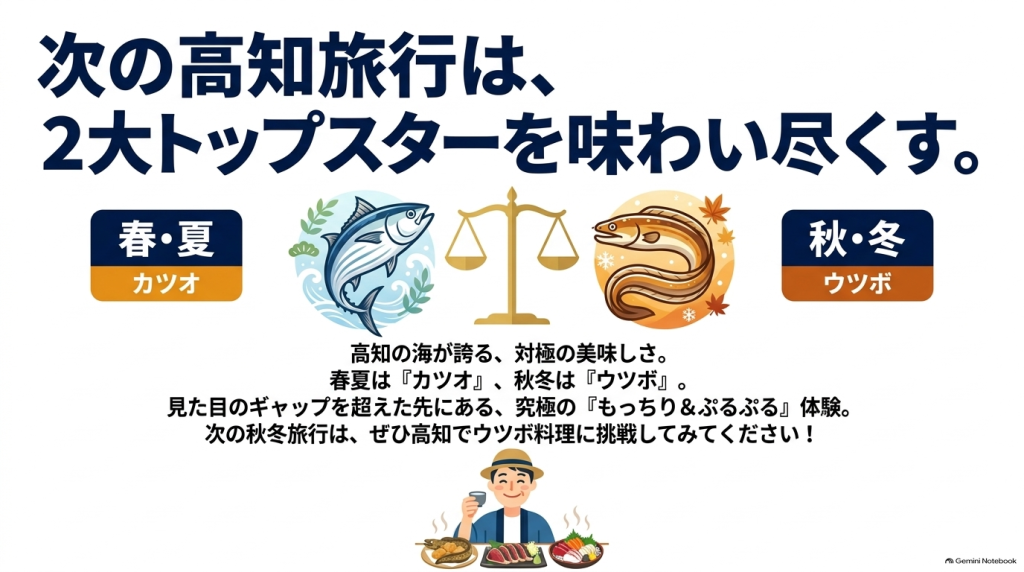 春夏のカツオと秋冬のウツボを天秤にかけたイラストと、ご当地グルメを楽しむ観光客のイラスト。「次の秋冬旅行はぜひ高知でウツボ料理に挑戦を」と促すまとめのビジュアル。