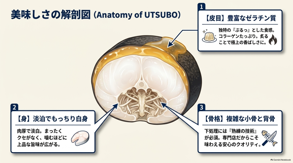 ウツボの断面図イラスト。皮目の豊富なゼラチン質、淡泊でもっちりとした白身、複雑な小骨と背骨という3つの特徴が解説されている図解。