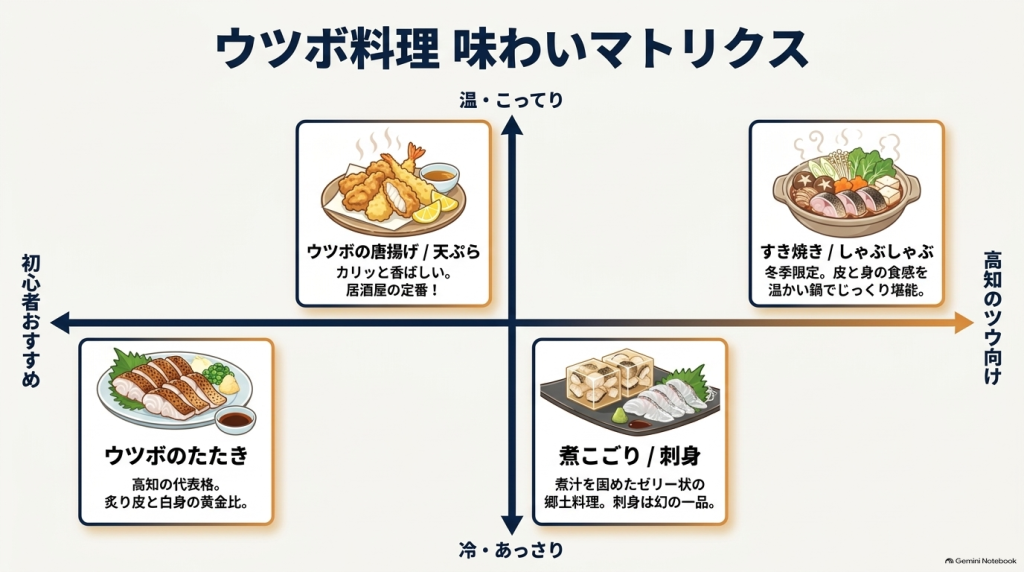 温・冷、あっさり・こってりの軸で分類されたウツボ料理のマトリクス図。たたき、唐揚げ、天ぷら、すき焼き、煮こごりなどが配置されている一覧。