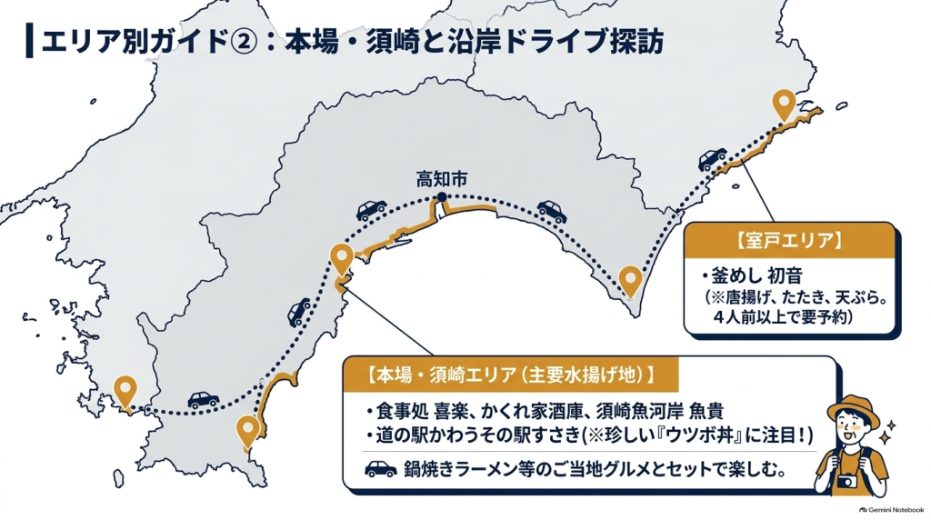 高知市から須崎・室戸方面へ続く沿岸部のドライブマップと、須崎の主要なウツボ料理店や道の駅の情報がまとめられたイラストマップ。