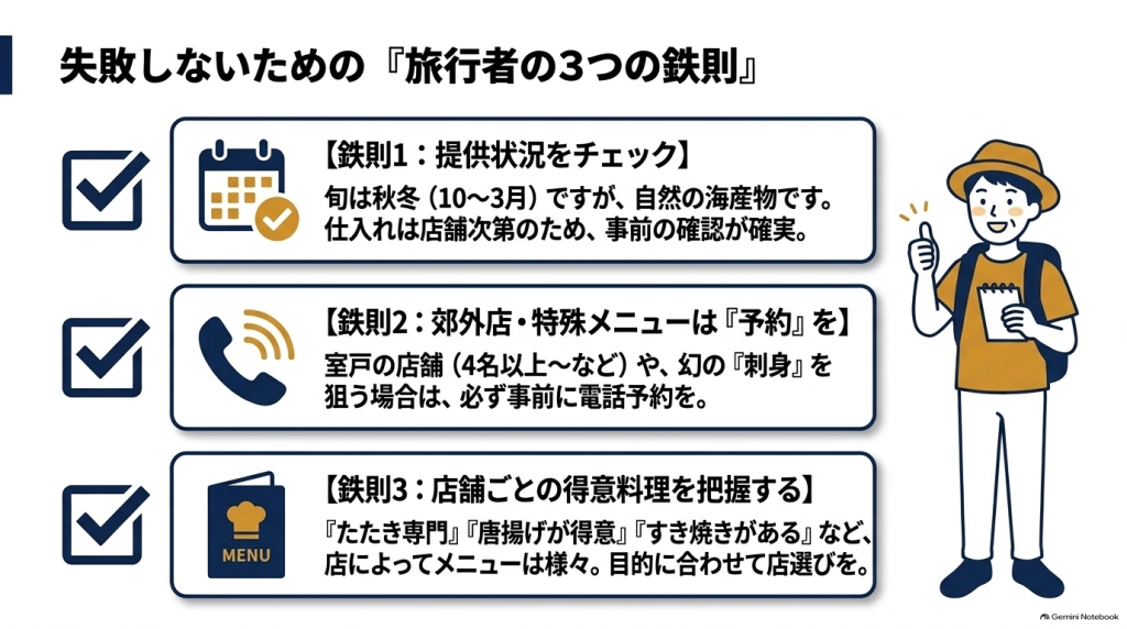 「提供状況をチェック」「郊外店・特殊メニューは予約」「店舗ごとの得意料理を把握する」というウツボ料理を堪能するための3つのポイントを解説したスライド。
