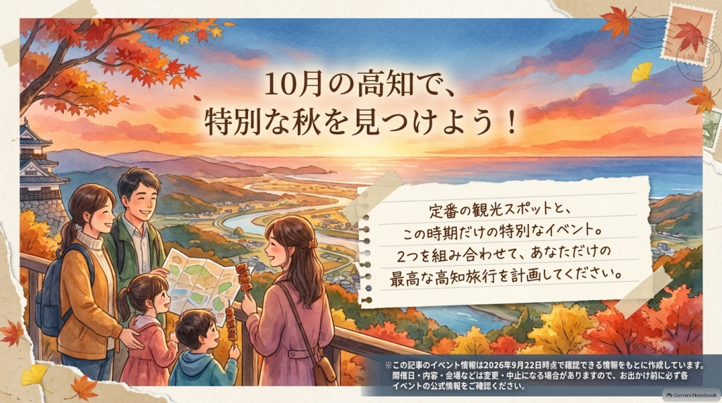 定番の観光スポットと特別なイベントを組み合わせて最高の高知旅行を計画しようと呼びかける、まとめのスライド