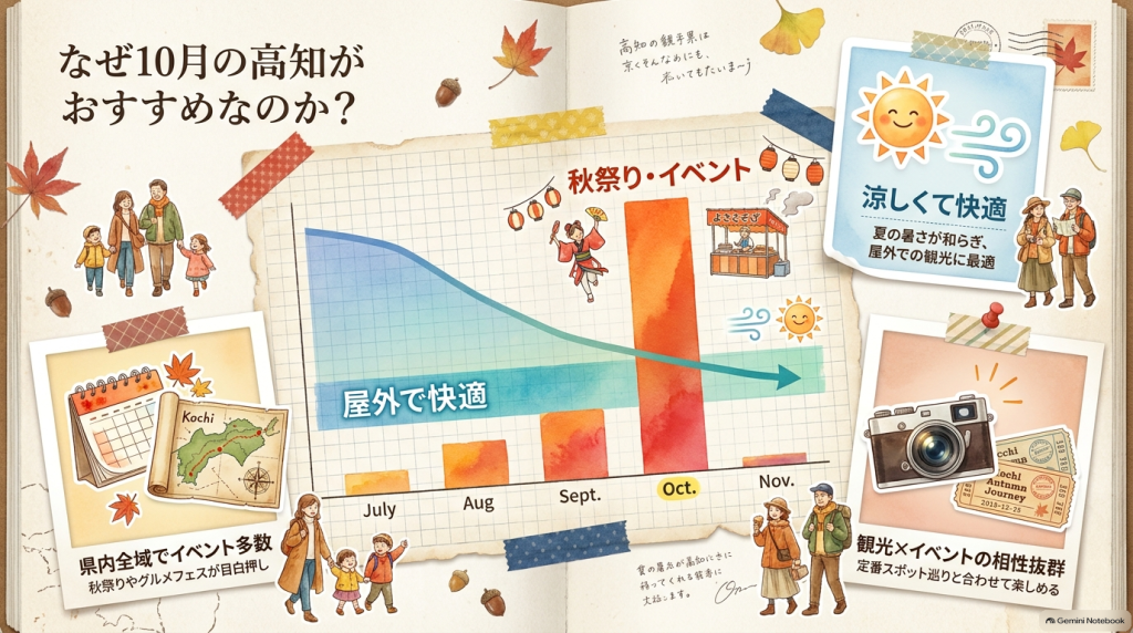 0月の高知がおすすめな理由として、県内全域でイベント多数、夏の暑さが和らぎ涼しくて快適、観光とイベントの相性抜群の3点を説明した図解スライド