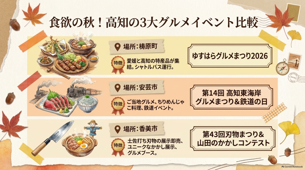 ゆすはらグルメまつり、高知東海岸グルメまつり＆鉄道の日、刃物まつり＆山田のかかしコンテストの場所と特徴を比較したスライド