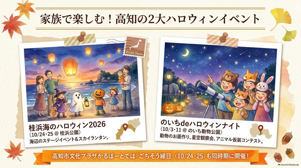 桂浜海のハロウィン2026（スカイランタン等）と、のいちdeハロウィンナイト（星空観察会等）のイラストと見どころを掲載したスライド