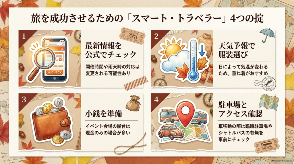 1.最新情報の公式チェック、2.天気予報での服装選び、3.屋台用の小銭準備、4.駐車場とアクセスの確認という4つの注意点をまとめた図解スライド