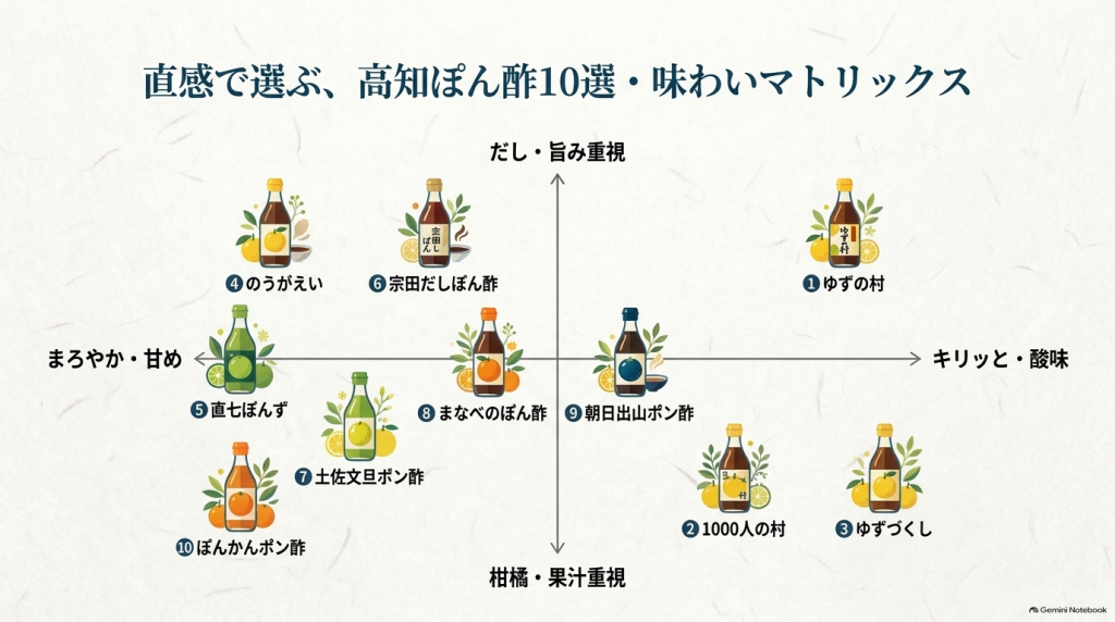 高知のおすすめぽん酢10選を「だし・旨み重視」「柑橘・果汁重視」「キリッと・酸味」「まろやか・甘め」の4軸で分類した味わいマトリックス図