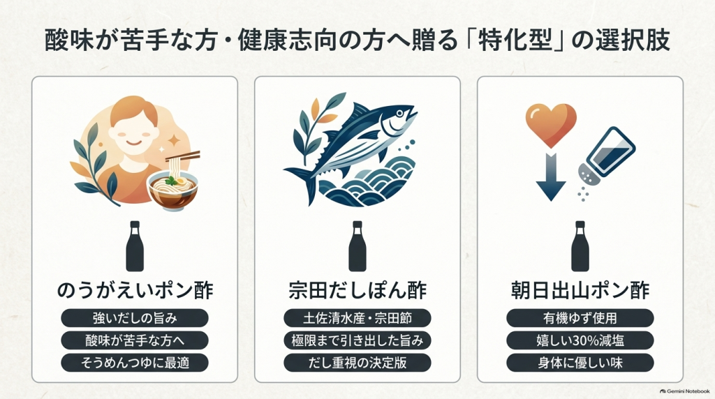 だし旨み重視ののうがえいポン酢、宗田節使用の宗田だしぽん酢、有機ゆず30%減塩の朝日出山ポン酢を紹介した特化型ポン酢の図解