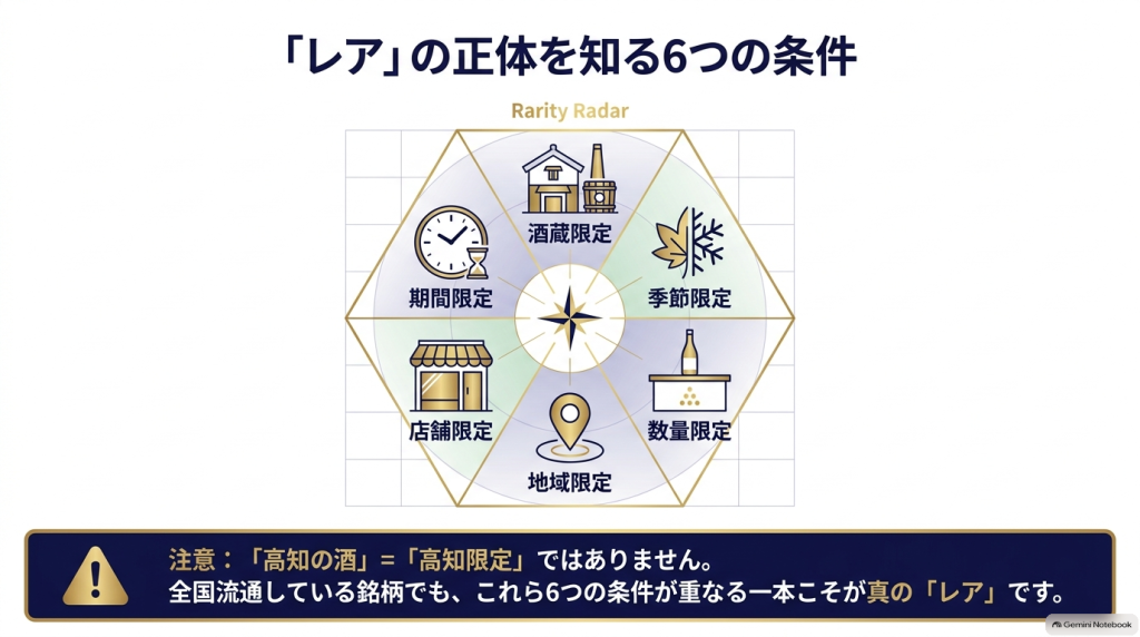 期間限定・酒蔵限定・季節限定・数量限定・地域限定・店舗限定の6条件を表したレア度レーダーの図解