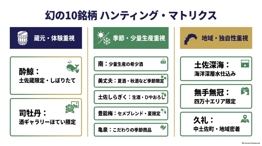 南・酔鯨・土佐深海・美丈夫・司牡丹・土佐しらぎく・豊能梅・亀泉・久礼・無手無冠の10銘柄を特徴別に分けたマトリクス図