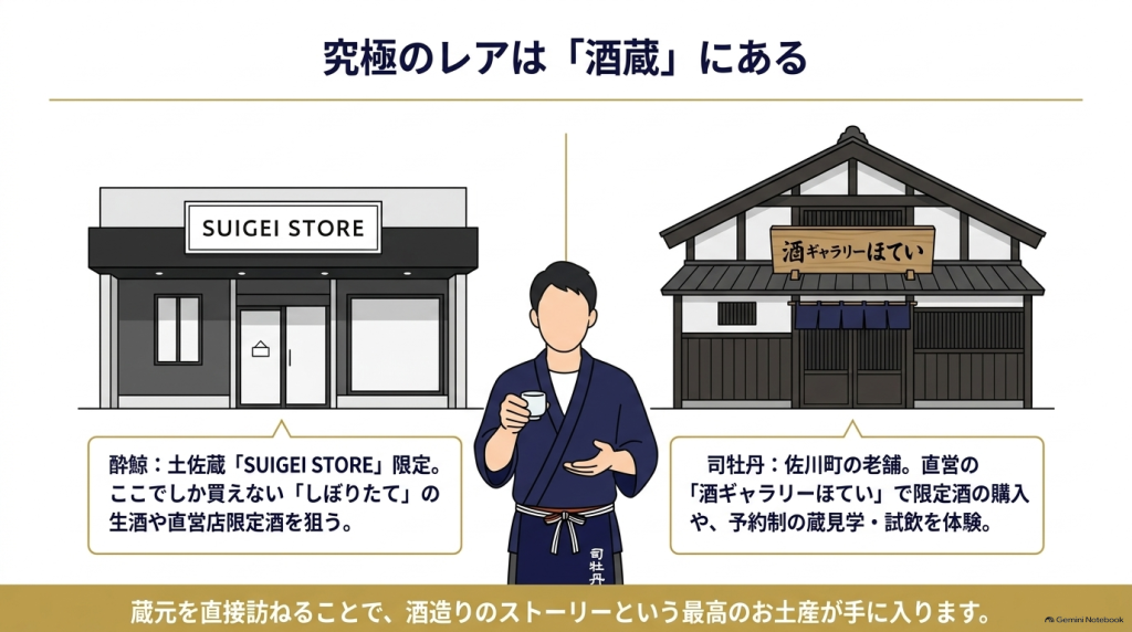 酔鯨の土佐蔵「SUIGEI STORE」と司牡丹の「酒ギャラリーほてい」での限定酒・蔵見学体験を紹介するイラスト