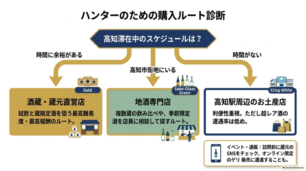 時間の有無や高知市街地滞在に合わせて酒蔵・地酒専門店・駅お土産店を選ぶルート診断チャート