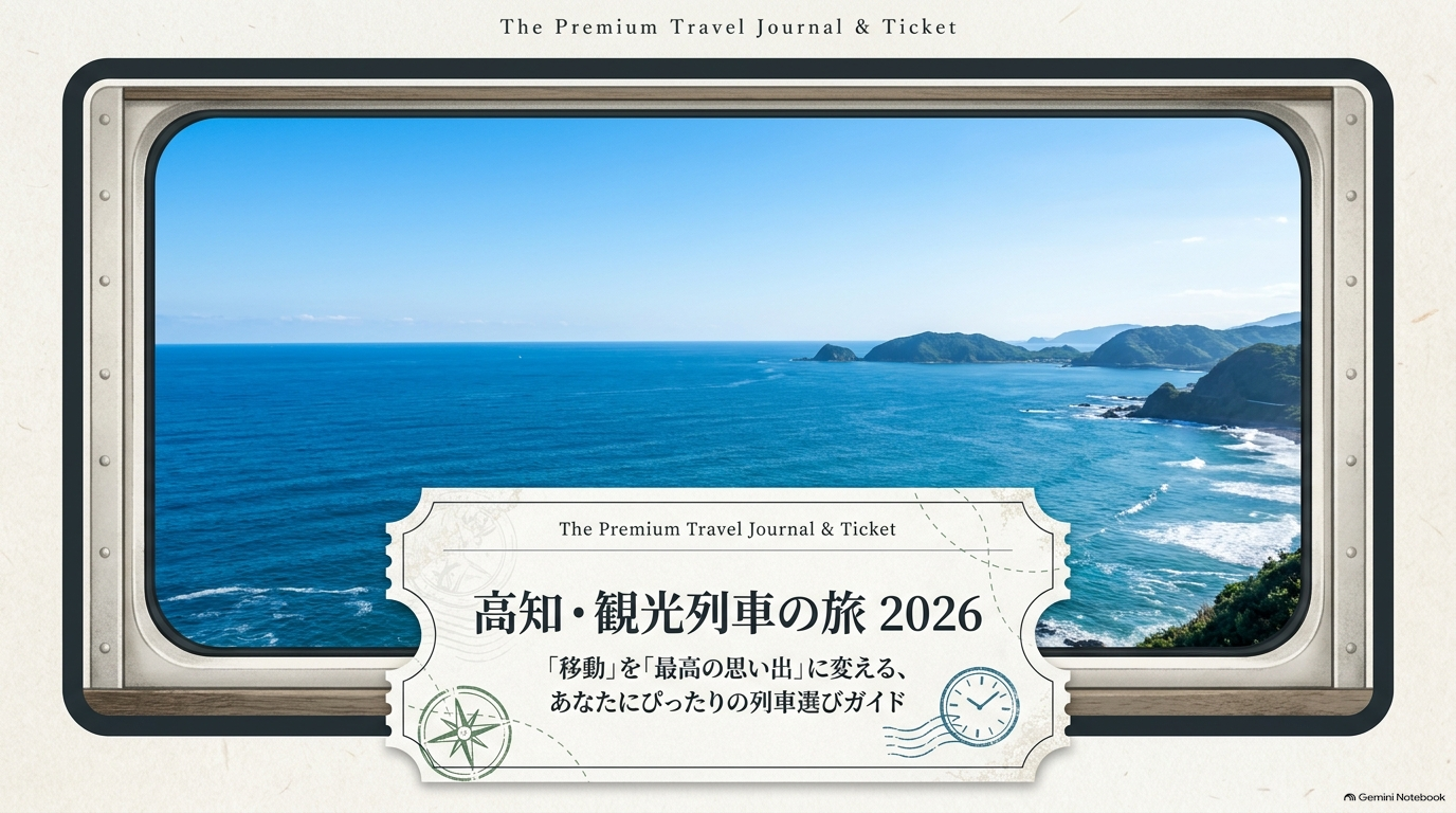 車窓から青い太平洋の海原を望む観光列車のイメージイラスト。「高知・観光列車の旅 2026」のタイトルが添えられています。