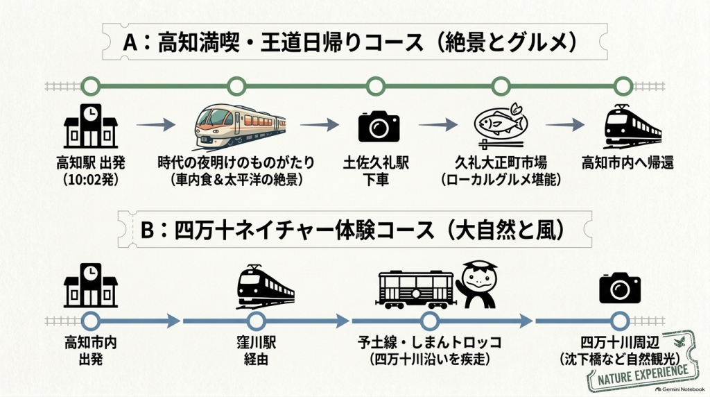 高知駅を出発して時代の夜明けのものがたりと久礼大正町市場を巡る王道日帰りコース(A)と、予土線のしまんトロッコと四万十川を巡るネイチャー体験コース(B)の流れを示す路線図風イラスト。