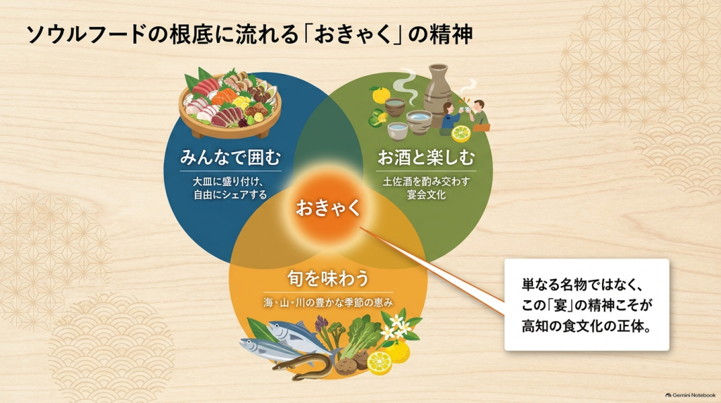 ソウルフードの根底に流れる「おきゃく」の精神。みんなで囲む・お酒と楽しむ・旬を味わうの解説図解。