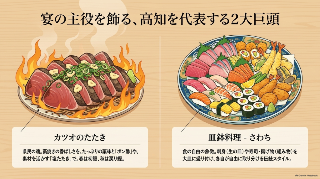 宴の主役を飾る2大巨頭「カツオのたたき」と「皿鉢料理」の解説とイラスト。