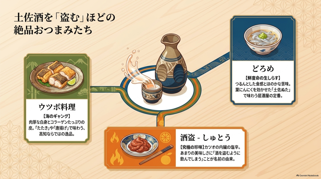 土佐酒を「盗む」ほどの絶品おつまみ。ウツボ料理・どろめ・酒盗の解説。