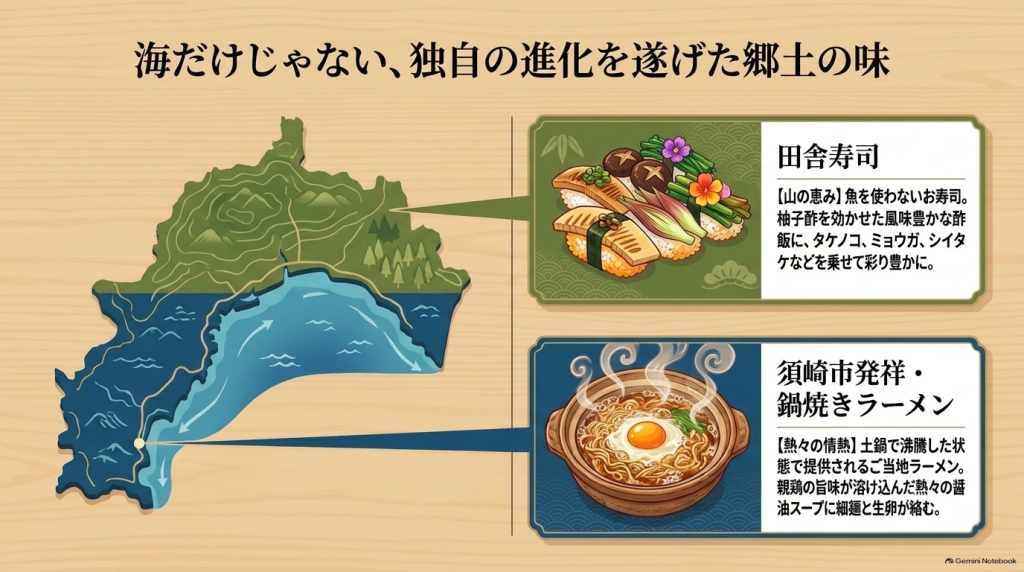 独自の進化を遂げた郷土の味。山の恵み「田舎寿司」と須崎市発祥「鍋焼きラーメン」の解説図解。