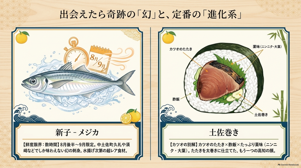 出会えたら奇跡の幻の刺身「新子」と定番の進化系「土佐巻き」の解説図解。