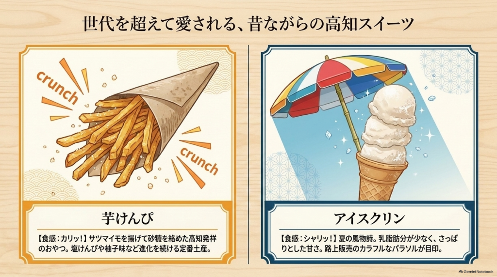 世代を超えて愛される高知スイーツ。食感カリッの「芋けんぴ」とシャリッの「アイスクリン」。