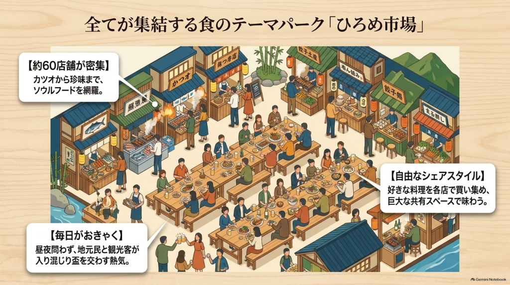 全てが集結する食のテーマパーク「ひろめ市場」の特徴と楽しみ方の図解。