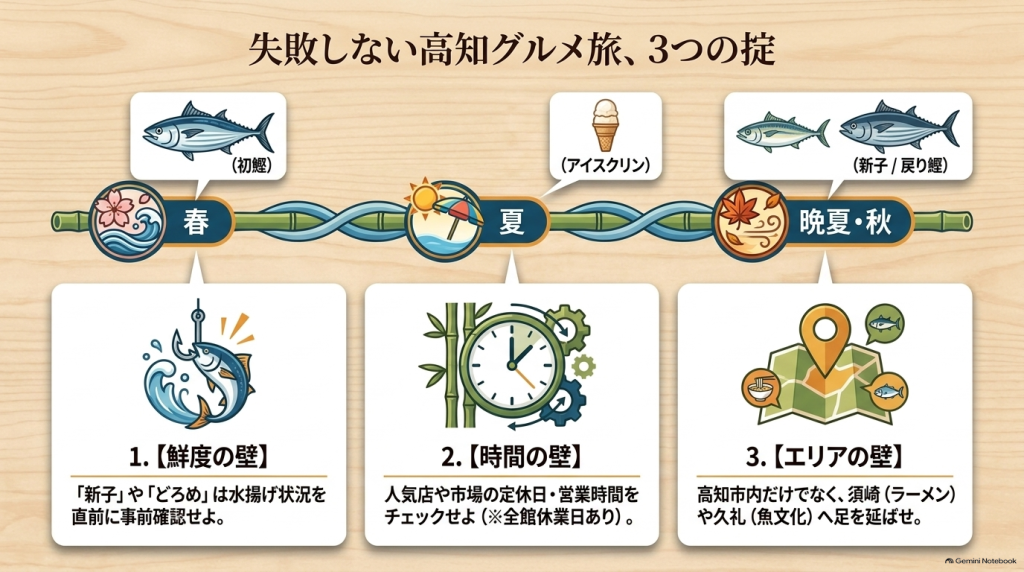 失敗しない高知グルメ旅3つの掟。鮮度の壁・時間の壁・エリアの壁と季節ごとの旬の表。