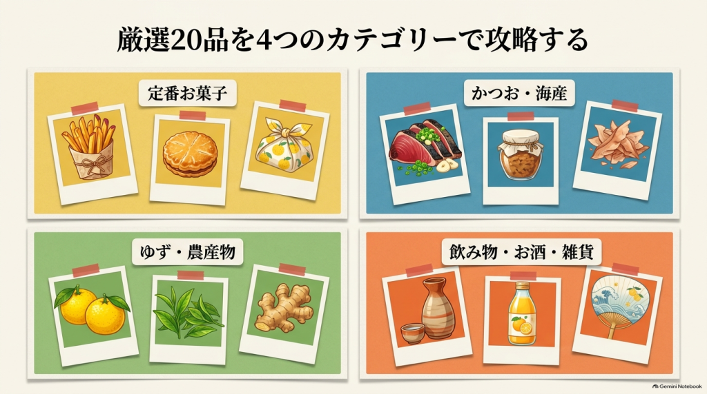 「定番お菓子」「かつお・海産」「ゆず・農産物」「飲み物・お酒・雑貨」の4つのカテゴリーに分類された高知のお土産のイラスト一覧