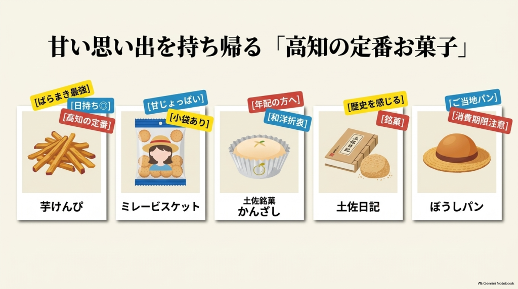 芋けんぴ、ミレービスケット、かんざし、土佐日記、ぼうしパンなど、高知の定番お菓子がパッケージや特徴のタグと共に並んだイラスト