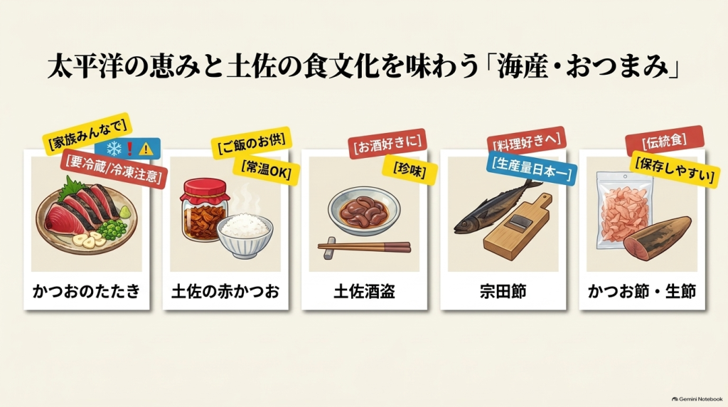 かつおのたたき、土佐の赤かつお、土佐酒盗、宗田節、かつお節・生節など、太平洋の恵みを受けた海産物や加工品のイラスト