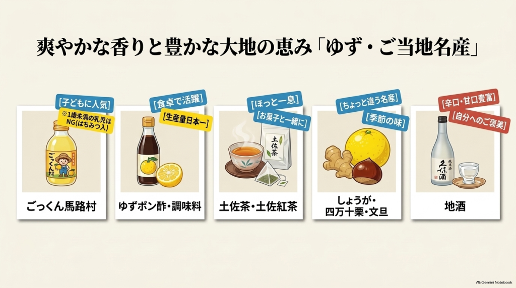 ごっくん馬路村、ゆずポン酢、土佐茶、しょうが・文旦、地酒など、高知の豊かな大地の恵みを感じる名産のイラスト