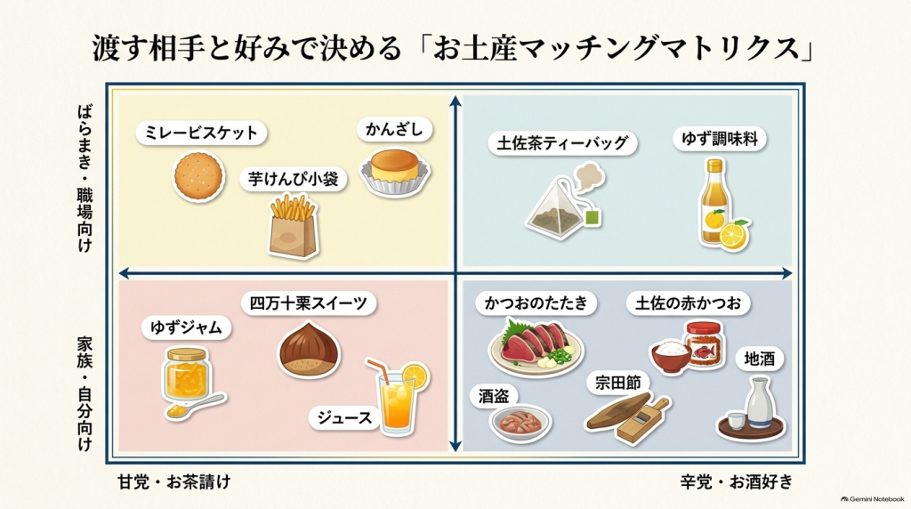 縦軸に「ばらまき・職場向け」と「家族・自分向け」、横軸に「甘党・お茶請け」と「辛党・お酒好き」をとっておすすめのお土産を分類したマトリクス図