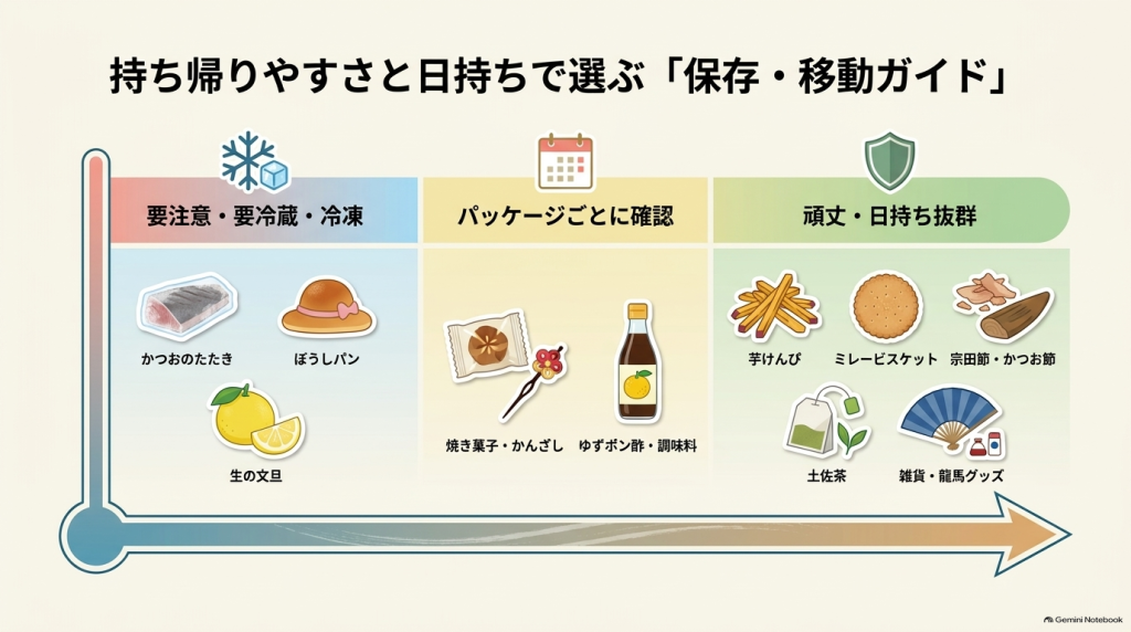 「要冷蔵・冷凍」「パッケージごとに確認」「頑丈・日持ち抜群」など、持ち帰りやすさや保存方法別に分類されたお土産のガイドイラスト