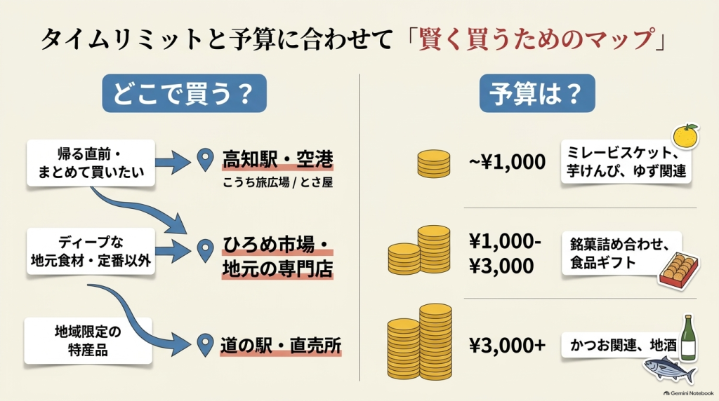 購入場所（高知駅・空港、ひろめ市場、道の駅）と予算（1,000円以内〜3,000円以上）ごとの特徴をまとめた買い物のマップ図
