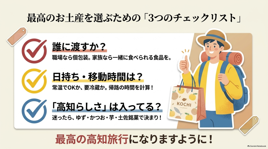 「誰に渡すか？」「日持ち・移動時間は？」「高知らしさは入ってる？」の3つのチェックポイントと、お土産袋を持った笑顔の旅行者のイラスト