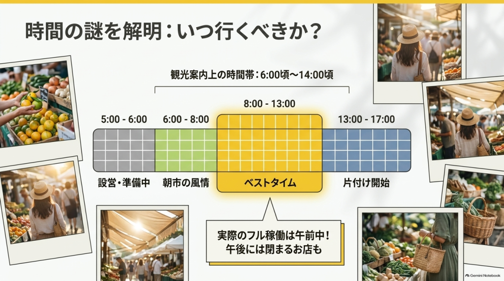 観光案内上の時間帯（6時〜14時）と、設営・撤去を含む実際の開市時間の違いを示すタイムライン図。