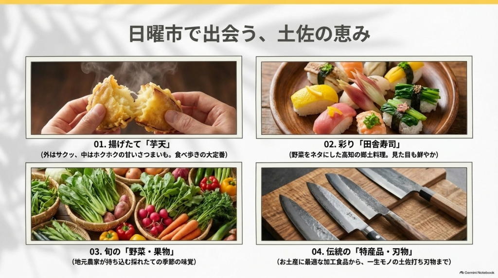 日曜市名物の揚げたて芋天、彩り豊かな田舎寿司、新鮮な野菜や果物、土佐打ち刃物などの特産品を紹介する画像。